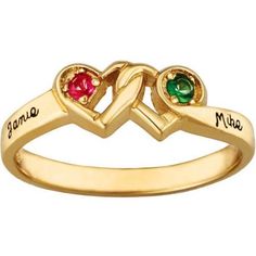 Two jewel accented hearts are intertwined in a symbol of love and devotion to bring you the Loving Promise ring by Keepsake Family Jewelry. Complete this sweet ring with two names and the birthstones of your choice. This lovely personalized memento makes a beautiful promise or mom's ring. Size: One Size. Color: Gold. Gender: female. Age Group: adult. Yellow Gold Heart Ring With Accent Stones, Valentine's Day Three Stone Promise Ring, Double Heart Promise Ring In Fine Jewelry Style, Elegant Multi-stone Heart-shaped Rings, Elegant Multi-stone Heart Rings, Double Heart Jewelry With Accent Stones For Anniversary, Heart-shaped Multi-stone Wedding Rings, Anniversary Multi-stone Heart Cut Rings, Gold Heart Ring With Accent Stones Fine Jewelry