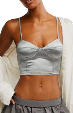 Corest-inspried seams and a cropped length add to the allure of this satin bra top featuring a smocked back and underwire cups. Deep V-neck Adjustable straps 95% polyester, 5% spandex Machine wash, dry flat Imported Satin Bra, Bra Lingerie, Bra Tops, Free People, Lingerie, Bra, Satin, Nordstrom, V Neck