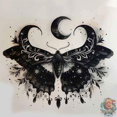 a drawing of a butterfly with the moon and stars on it's wings is shown