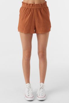 O'Neill Girl's woven pull-on short 2" Inseam Length, 10 1/2" Rise Length Paper Bag Elastic Waistband Front Hip Pockets 100% Cotton Crinkle Double Gauze | O'Neill Girl's Carlita Crinkle Double Gauze Shorts in Sierra, Size Small Casual Brown Athletic Shorts For Summer, Sporty Brown Shorts For Spring, Brown Athletic Shorts With Built-in Shorts For Summer, Elastic Cotton Shorts, Elastic Waistband Shorts With Short Leg, Brown Summer Shorts With Elastic Waistband, Summer Brown Shorts With Elastic Waistband, Casual Elastic Shorts For Summer, Brown Summer Athletic Shorts