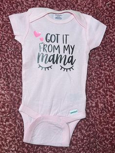 Onesies are made with vinyl, they tend to run small so we recommend sizing up if you can't decide.  Baby girl onsie, baby girl body suit, got it from my mama body suit. New baby gift, girl gift, baby gift, baby clothes, cute onsie ideas Cute Pink Onesie With Letter Print, Fitted Short Sleeve Onesie For Birthday, Pink Short Sleeve Bodysuit For Spring, Fun Fitted Cotton Bodysuit, Unisex Cute Onesie For Birthday, Cute Unisex Bodysuit For Birthday, Playful Pink Onesie With Letter Print, Pink Short Sleeve Bodysuit, Spring Pink Short Sleeve Cotton Bodysuit