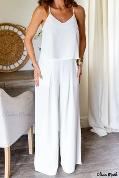 Olivia Mark - Sophisticated Two-Piece Outfit with Ruching Details Chic Summer Pantsuit For Day Out, Sleeveless Solid Color Pantsuit For Spring, Pocket Top, Two Piece Outfit, Olivia Mark, Wide Leg, Two Piece, Trousers, V Neck