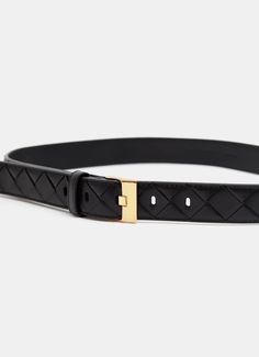 Bottega Veneta Intrecciato nappa leather belt with watch buckle and prong closure. Features muse brass finish. 2.5 cm width. Made in Italy. Sizing in cm to be selected in size selector. Designer Leather Belt Buckle With Brass, Designer Leather Belt Buckles With Brass, Designer Leather Belt Buckles With Brass Buckle, Black Brass Buckle Belt For Workwear, Luxury Belt With Brass Buckle For Formal Wear, Luxury Belt With Brass Buckle For Formal Occasions, Black Belt With Brass Buckle For Business, Black Business Belt With Brass Buckle, Elegant Business Belts With Brass Buckle