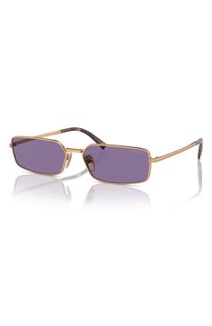 Signature logo branding enriches the temples of slim rectangular sunglasses fitted with adjustable nose pads for a comfortable fit. 59mm lens width; 16mm bridge width; 140mm temple length 100% UV protection Adjustable nonslip nose pads Steel Made in Italy Gold Rectangular Sunglasses With Uva Protection, Designer Gold Rectangular Sunglasses, Classic Purple Polarized Sunglasses, Prada Rectangle Sunglasses, Designer Sunglasses With Gradient Square Frame, Classic Purple Tinted Sunglasses, Luxury Square Sunglasses With Gradient Lenses, Rectangular Sunglasses, Signature Logo