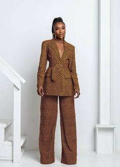 Here's a unique suit set...its a 3piece set comprising of Outer suit, inner sleeveless jacket and pants. Be sure to stand out in this classy-elegant and stylish set piece. Its made with 100% African wax cotton, It has zipper at the pants for easy wear. It can be worn to the office and formal occasions. This piece is made with love in Nigeria A good advantage of this suit set, You can rock either of the inner jacket or suit as desired. The pants can also be worn with a plain top Custom measuremen African Pants Suit, Ankara Suit, African Pants, Ankara Jackets, African Suit, Pant Suits For Women, Afrikaanse Mode, High Waist Trousers, Wax Fabric