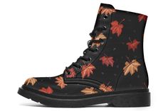 Cozy Autumn Boots - Festival Ankle Lace-up Black Combat Boots Vegan Leather Statement Festival Boots Autumn Boots, Dream Items, Festival Boots, Long Tee Shirts, Gym Backpack, Red Maple, Black Combat Boots, Cozy Autumn, Maple Leaves