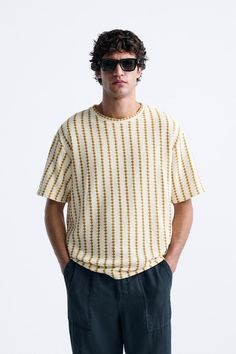 TEXTURED STRIPED T-SHIRT - Ecru/Yellow | ZARA United States Beige Graphic Tee For Summer, Casual Cream Short Sleeve T-shirt, Mustard Short Sleeve T-shirt With Graphic Print, Beige Short Sleeve T-shirt For Spring, Off White Relaxed Fit Crew Neck Tops, Casual Beige Short Sleeve Top For Summer, Beige Short Sleeve Graphic Tee, Beige Short Sleeve T-shirt, Beige Crew Neck Short Sleeve Top For Spring