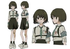 an anime character with short black hair and green eyes, wearing white shoes and uniform