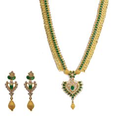 22K Yellow Gold Necklace & Earrings Set W/ Emeralds, CZ Gems & Large Heart Pendants - Virani Jewelers 22k Gold Green Jewelry For Anniversary, Green 22k Gold Jewelry For Anniversary, Traditional Yellow Gold Jewelry With Stones, Gold Bridal Necklace With Diamond Stones, Gold Diamond Bridal Necklace With Matching Earrings, Dazzling Festive Jewelry For Anniversary, Festive Gold Jewelry Sets With Cubic Zirconia, Gold Diamond Jewelry Sets With Stone Setting, Gold Cubic Zirconia Jewelry For Festivals