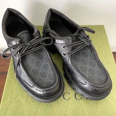 Gucci  Black GG Supreme Maxi lace-up shoe 674367 MSRP: $950 Black canvas uppers with GG leather label on side of each, GG pattern Size Gucci 7, 7+, 9 See pics for insole length Black laces Black sole  Black leather lining Includes Gucci tags, Gucci Dust Bags, and Gucci Box Guaranteed new and authentic Track Page Views With Auctiva's Counter Designer Lace-up Oxfords With Brogue Detailing, Designer Lace-up Shoes With Brogue Detailing, Gucci Lace-up Sneakers With Leather Sole, Designer Low-top Boots With Leather Sole, Designer Black Wingtip Lace-up Shoes, Designer Black Lace-up Oxfords, Luxury Lace-up Oxfords, Designer Black Lace-up Shoes With Rubber Sole, Designer Lace-up Shoes With Leather Sole