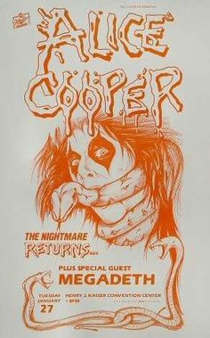 an orange and white concert poster for alice cooper