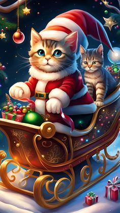 two cats are sitting in a sleigh with santa claus on it's back