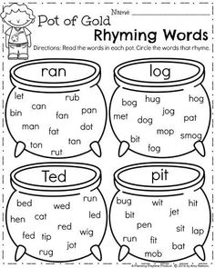 printable worksheet for reading the pot of gold and rhyming words