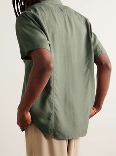 CORRIDOR Camp-Collar Lyocell Shirt for Men Relaxed Fit Cotton Shirt With Natural Dye, Casual Shirt With Natural Dye And Relaxed Fit, Green Linen Camp Collar Top, Green Linen Top With Camp Collar, Sydney Evan, John Hardy, Plain Shirts, Suede Jacket, Formal Shirts