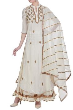 Shop for Nazar by Indu Off White Gota Booti Kurta With Lehenga And Dupatta for Women Online at Aza Fashions Eid Sharara With Gold Embroidery And Traditional Drape, Anarkali Sharara With Gold Embroidery For Festive Occasions, Festive Anarkali Sharara With Gold Embroidery, Festive Raw Silk Sharara With Gold Embroidery, Festive Sharara With Gold Embroidery In Raw Silk, Diwali Gold Embroidered Raw Silk Sharara, Gold Embroidered Palazzo Set For Festivals, Bollywood Anarkali Set With Gold Embroidery, Diwali Anarkali Sharara With Gold Embroidery