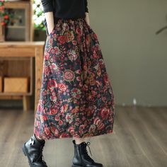 Details: Gender: Women Item Type: Skirt Material: Cotton Linen Season: Winter Pattern: Print Style: Casual, Loose, Retro Waist Type: Elastic Waist Size: One Size Waist: 64.00 - 102.00 cm/ 25.20 - 40.16 " Length: 83.00 cm/ 32.68 " Hip: 142.00 cm/ 55.91 " Hem: 130.00 cm/ 51.18 " Casual Full Skirt Bottoms For Winter, Floral Print Skirted Bottoms For Fall, Non-stretch Cotton Skirt With Floral Print, Fall Cotton Skirted Bottoms, Cotton Skirted Bottoms For Fall, Skirted Cotton Bottoms For Fall, Fall Skirted Cotton Bottoms, Winter Cotton Skirt With Pockets, Casual Multicolor Skirt With Pockets