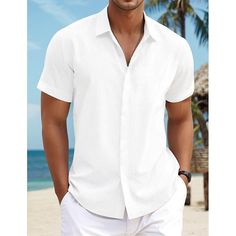 Season:Summer; Fabric:95% Cotton,5% Linen; Sleeve Length:Short Sleeve; Look After Me:Washable,Wet and Dry Cleaning; Gender:Men's; Style:Fashion,Comfortable; Tops Type:Button Down Shirt,Summer Shirt,Beach Shirt,Linen Shirt,Casual Shirt,Shirt; Occasion:Vacation,Holiday,Daily,Casual,Streetwear,Hawaiian; Pattern:Plain; Neckline:Lapel; Listing Date:08/23/2024 Summer V-neck Shirt For Vacation, Summer Shirt With Casual Collar And Buttons, Casual Collar Beach Shirt With Buttons, Summer Solid Color Short Sleeve Button-up Shirt, Cotton V-neck Shirt For Summer, Short Sleeve Tops With Buttons For Summer, Cotton V-neck Summer Shirt, Casual Collar Solid Color Shirt For Beach, White Solid Color Shirt For Summer