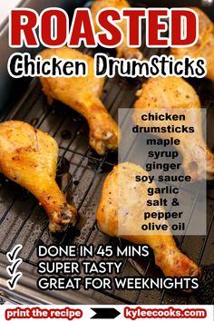 roasted chicken drumsticks on the grill with instructions for how to cook them in minutes