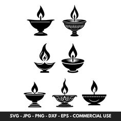 black and white silhouettes of different bowls with flames on them, set of six