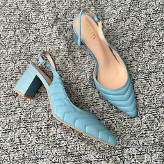 These Pastel Quilted Slingback Pumps Are The Perfect Way To Add A Little Color To Your Wardrobe! They Are Faux Leather And Feature A Glossy 2.5 Inch Heel, An Adjustable Slingback Strap, And Pointy Toes. The Color Is A Gorgeous Bright Sky Blue! These Would Really Pop Against A Black Or Gray Suit, And Would Look Equally As Cute With Jeans And A Fun Top! These Are A Uk Size 5 And Should Fit A Us Size 7. These Heels Are Brand New And Have Never Been Worn They Come With The Original Box! Blue Block Heel Slingback Sandals For Spring, Blue Block Heel Slingback Sandals, Blue Slingback Pumps With Padded Heel For Spring, Blue Pointed Toe Slingback Pumps For Spring, Chic Blue Slingback Pumps, Blue Round Toe Slingback Pumps For Summer, Blue Slingback Pumps With Round Toe For Summer, Blue Slingback Pumps With Heel Strap For Summer, Chic Blue Slingback Pumps With Block Heel