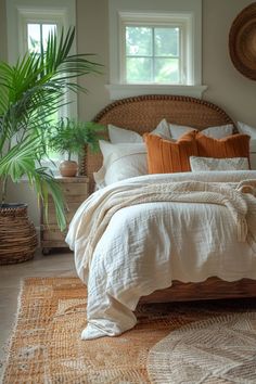 a bed with white linens and pillows in a bedroom next to a potted plant