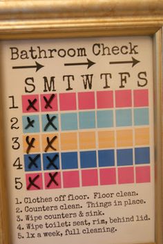 a bathroom check sheet with arrows and numbers on it in a gold framed wooden frame