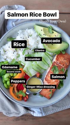 salmon rice bowl with different types of vegetables