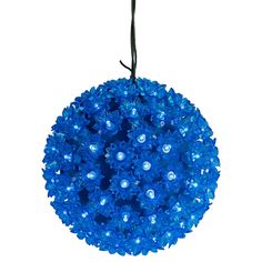 blue christmas lights hanging from a black cord on a white background in the shape of a ball