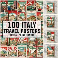 an image of travel posters with the words, italy and other countries on them in different colors