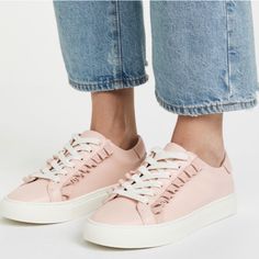 Also Comes With A Second Pair Of Laces That Came With The Shoes That I Never Used Chic Low-top Sneakers For Spring, Chic Synthetic Sneakers For Spring, Chic Spring Sneakers With Round Toe, Chic Leather Sneakers With Laces, Tory Burch Sneakers, Cheerleader Skirt, Striped Sneakers, Print Sneakers, Pink Ruffle