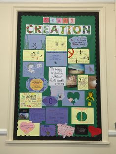 a bulletin board that has been decorated with pictures and words on it, including the word creation