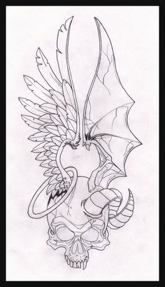 a drawing of a skull with wings and a dragon on it's back side