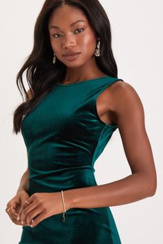 When you slip into the Lulus So Stunning Emerald Green Velvet Backless Midi Dress you will be just that, so stunning! Figure-flaunting, luxe velvet fabric frames your curves from a crew neckline and a sleeveless darted bodice, down to a midi-length hem. An ultra-deep V-back (with hidden V-bar for added support) dips low to show off your sexy side. Fit: This garment fits true to size. Length: Knee Length. Size medium measures 42" from shoulder to hem. Bust: Great for any cup size. Waist: Fitted - Elegant Stretch Velvet Party Dress, Glamorous Evening Sleeveless Velvet Dress, Glamorous Sleeveless Velvet Evening Dress, Glamorous Sleeveless Velvet Mini Dress, Elegant Stretch Velvet Dress, Elegant Velvet Bodycon Party Dress, Elegant Velvet Mini Dress For Holidays, Elegant Fitted Green Velvet Dress, Elegant Sleeveless Velvet Dress For Party