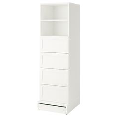 a white bookcase with three drawers on the bottom and one drawer open to reveal something