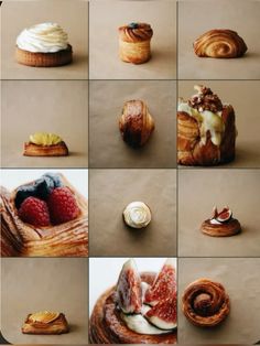 many different types of pastries and desserts are shown in this photo collage