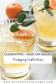 two glasses filled with lemonade and sage gin smash cocktails on top of a table