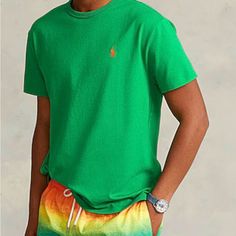 Cotton Orange Horse Embroidered Detailing, Brand Logo, Solid Color, Round Collar, Short Sleeves, Medium Green Crew Neck Polo Shirt For Summer, Green Cotton Crew Neck Polo Shirt, Green Short Sleeve Casual Polo Shirt, Ralph Lauren Shirts Men, Cargo Vest, Seersucker Pants, Polo Ralph Lauren Shorts, Nike Tennis Dress, Preppy Casual