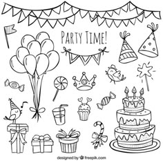 birthday party time coloring page with balloons, cake and other items to be colored in