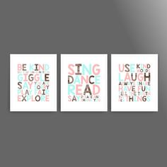 three posters with the words sing, dance, read and play in different font styles