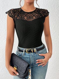 Black Casual Collar Cap Sleeve Knitted Fabric Plain  Embellished Medium Stretch  Women Clothing Fitted Lace Top Crew Neck T-shirt, Casual Crochet Top With Crew Neck, Casual Crochet Crew Neck Top With Stretch, Casual Stretch Crochet Top With Crew Neck, Casual Stretch Lace Top With Short Sleeves, Fitted Casual Lace Top T-shirt, Casual Fitted Lace Top T-shirt, Casual Stretch Lace Top, Fitted Casual T-shirt With Lace Top