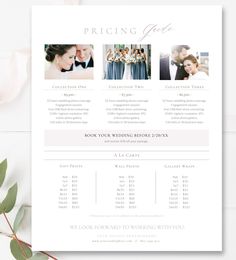 the pricing sheet for a wedding