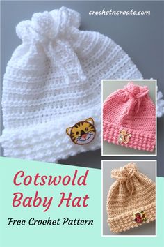 two crocheted baby hats with the words, cotswold baby hat free crochet pattern