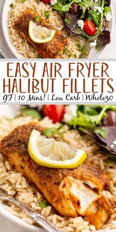 easy air fryer halibut fillets with lemon, lettuce and tomatoes