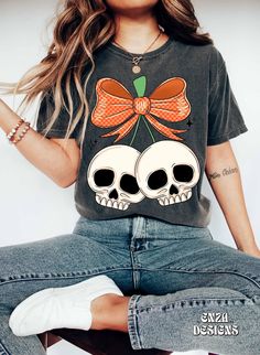 Themed Black Tops As Gift, Casual Halloween Tops For Gifts, Halloween Graphic Print Top As Gift, Skull Cherries Drawing, Multicolor Skull Print Tops For Halloween, Cherry Skulls, Halloween Multicolor Skull Print Tops, Dtf Print Designs Halloween, Halloween Punk T-shirt With Sublimation Print