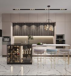 a modern kitchen with marble flooring and white counter tops is featured in this rendering