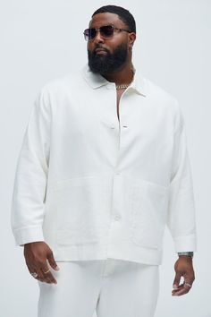 Available In White. Fold Down Collar Front Button Closure Front Pockets Pair With "Bahamas Linen Cargo Short" Pair With "Bahamas Linen Shorts" Pair With "Bahamas Linen Pants" Shell: 55% Linen 45% Cotton Lining: 100% Polyester Imported | Mens Bahamas Linen Chore Jacket in White size Small by Fashion Nova White Lapel Collar Shacket For Workwear, White Long Sleeve Tops With Buttoned Pockets, White Shacket With Lapel Collar And Pockets, White Collared Shacket With Relaxed Fit, White Shacket With Pockets For Work, White Collared Shacket With Snap Buttons, Oversized White Outerwear With Patch Pockets, Casual White Outerwear With Spread Collar, White Long Sleeve Shacket With Button Closure