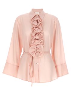 Technical fabric shirt with front buttons covered with a pleated ruffles, fabric strap detail at the waist. Composition: 100% polyester Ruffles Shirt, Ruffle Shirts, Ruffle Shirts Blouses, Massimo Dutti Women, Versace Shop, Quick Outfits, Fabric Strap, Ruffle Shirt, Pleats Please Issey Miyake