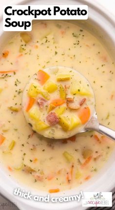 a spoonful of crockpot potato soup in a white bowl with text overlay