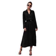 Black Button Down Split Maxi Shirt Dress Casual Single Breasted Shirt Dress For Work, Casual Single-breasted Shirt Dress For Work, Casual Black Shirt Dress For Office, Black Collared Shirt Dress For Date Night, Collared Black Shirt Dress For Date Night, Black Lapel Collar Dress For Work, Black Shirt Dress For Office In Spring, Workwear Solid Color Button-up Shirt Dress, Casual Black Shirt Dress With Buttons