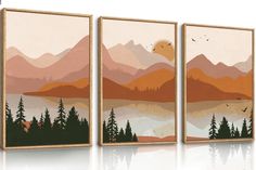 three canvases with mountains and trees on them